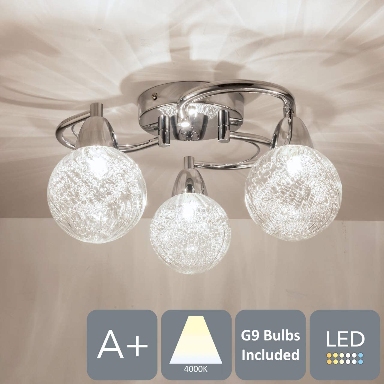 AUROLITE AL1034 BOLLA 3xG9 LED Semi Flush Ceiling Light, Polished Chrome Finish, 12W, Ideal for Living Room Bedroom, Kitchen