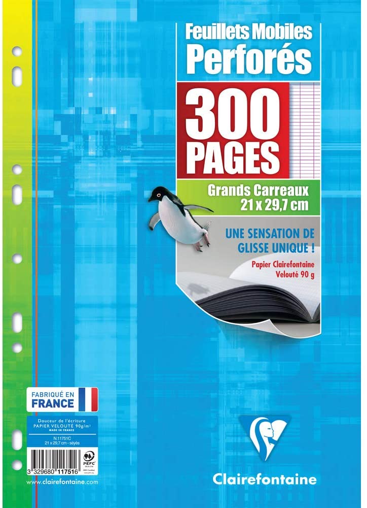 Clairefontaine 17551C, One Pack of Perforated Single Sheets, Dimensions: A4 21 x 29.7 cm, 300 Seyes Ruled Pages