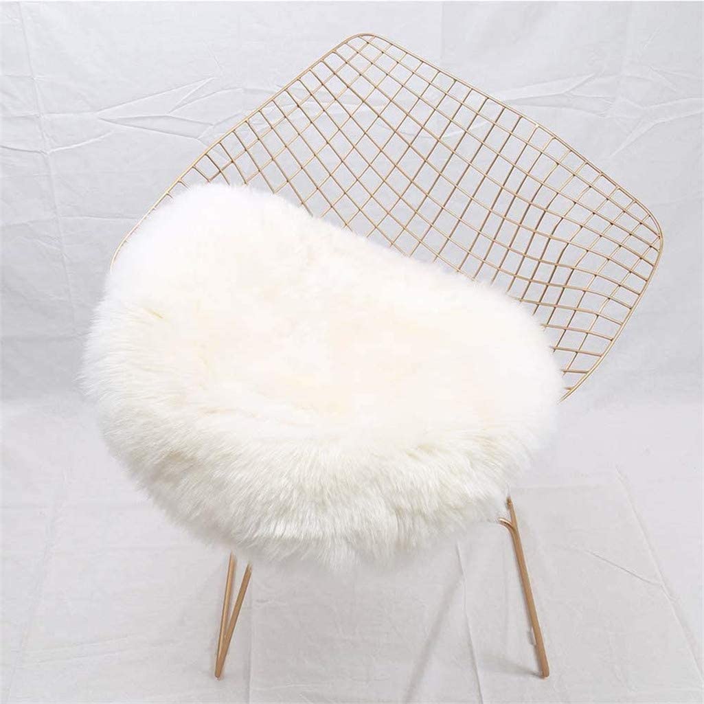 HEQUN Circular Faux Fur Sheepskin Style Rug Faux Fleece Chair Cover Seat Pad Soft Fluffy Shaggy Area Rugs For Bedroom Sofa Floor (White, 90 X 90 CM)