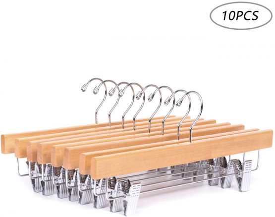 Amber Home 35.5cm Natural Wooden Pants Hangers 10pcs, Smooth Wood Skirt Hanger Organizer with 2 Adjustable Anti-Slip Clips, Space Saving Solid Clothes Hangers Rack for Bottoms Jeans Slacks Trousers
