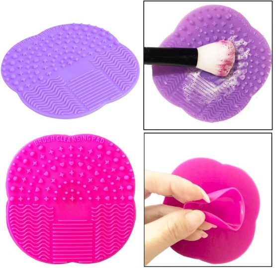 2pcs Silicone Brush Cleaner Make Up Brushes Cleaning Pad Little Rubber Scrubber Mat Portable Cosmetic Brush Washing Tool with Suction Cup 4" x 4" - Rose Red and Purple - Image 3
