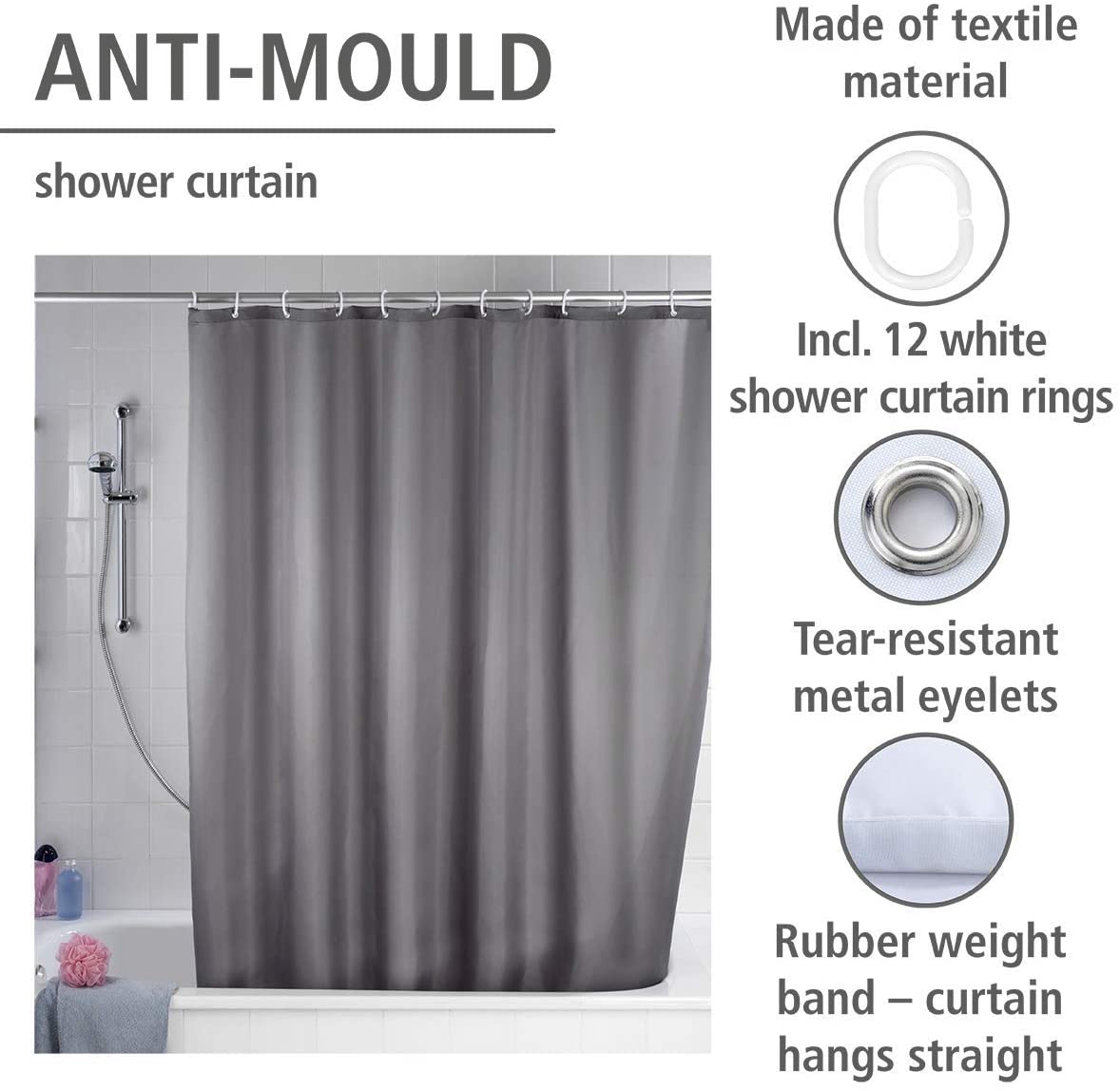 WENKO 20044100 Antimould shower curtain singlecolour Grey antibacterial, washable, Plastic Polyester, Grey - Image 2