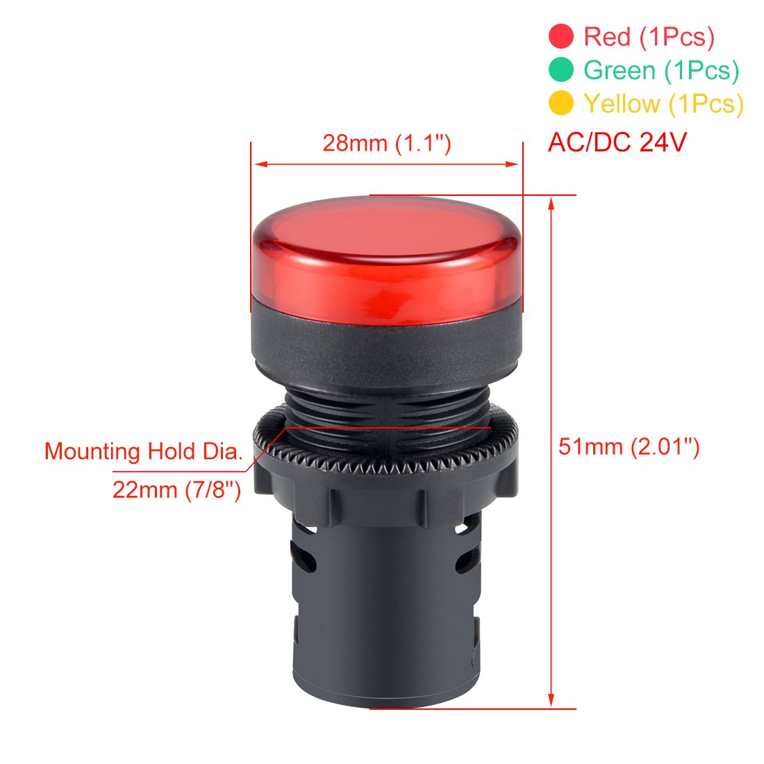 sourcing map 3Pcs Red Green Yellow Indicator Light AC/DC 24V, 22mm Panel Mount, for Electrical Control Panel HVAC, DIY Projects - Image 2