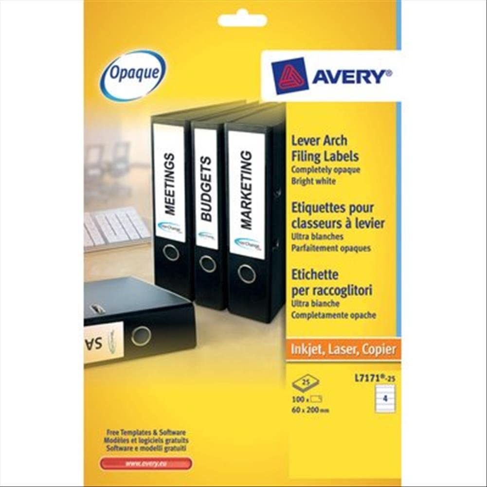 AVERY White 100 Pc(s) L7171-25 Labels for Lever Arch Filing Rectangular, Opaque, 200x60mm