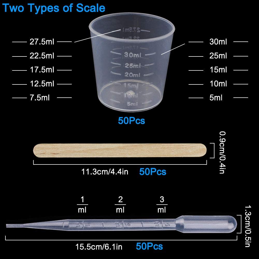 SelfTek 150 Pcs Plastic Graduated Cups with Tools, 30ml Measuring Cups, Mixing Sticks, 3ml Dropping Pipette for Resin Stain - Image 2