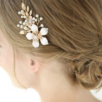 Deniferymakeup 3.2'' Gold Hair Clip Bridal Hair Jewelry Handmade Headpiece Pearl Hair Clip Wedding Hair Accessories