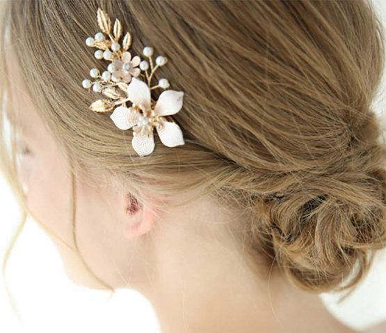 Deniferymakeup 3.2'' Gold Hair Clip Bridal Hair Jewelry Handmade Headpiece Pearl Hair Clip Wedding Hair Accessories