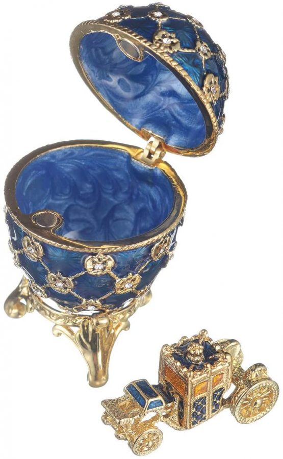 danila-souvenirs Russian Faberge Style Coronation Egg/Trinket Jewel Box with Carriage & Russian Coat of Arms 6,5 cm blue