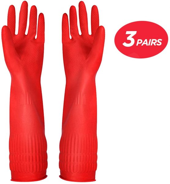 Rubber Cleaning Gloves Kitchen Dishwashing Glove 3-Pairs,Waterproof Reuseable. (Red, Large)