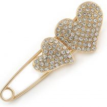 Avalaya Gold Plated, Clear Crystal Double Heart Safety Pin Brooch - 70mm L