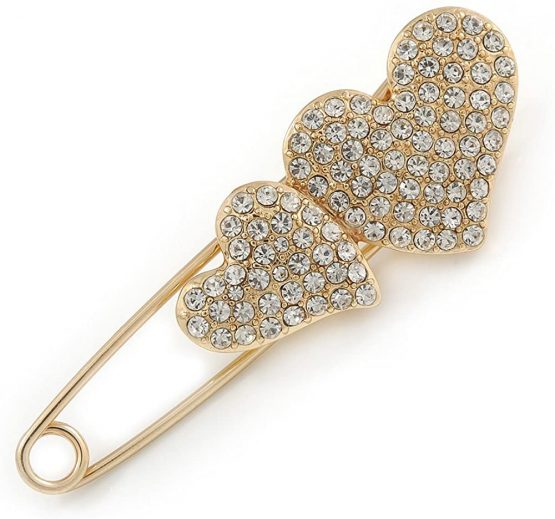 Avalaya Gold Plated, Clear Crystal Double Heart Safety Pin Brooch - 70mm L