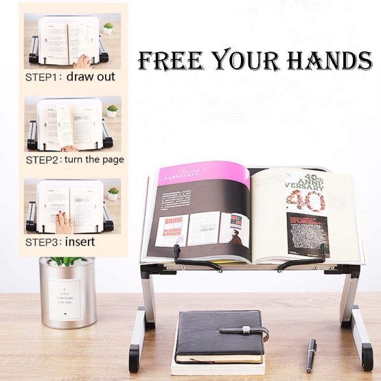 Adjustable Book Stand, Height and Angle Adjustable Ergonomic Book Holder with Page Paper Clips for Big Heavy Textbooks Music Books Tablet Cook Recipe Durable Lightweight Aluminum Book Holders - Image 3