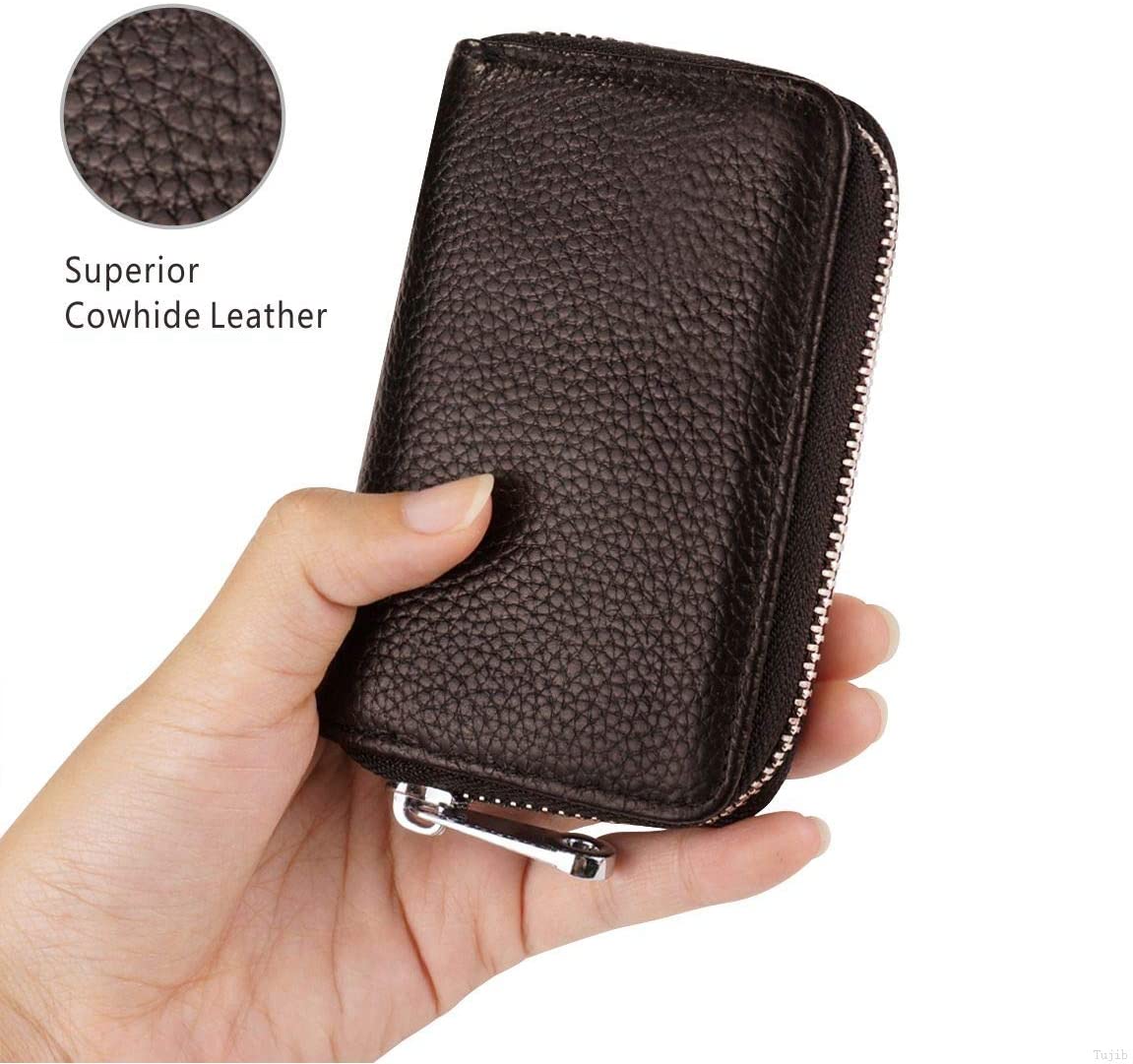 Womens Credit Card Holder Small Rfid Blocking Ladies Wallet with Stainless Steel Zipper Excellent Genuine Leather Accordion Wallets Case for Women ID Compact Slim Blocked Zip Accordian Cards Coffee - Image 3