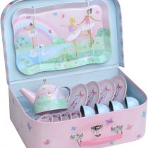 Jewelkeeper 15 Piece Girls Pretend Toy Tin Tea Set & Carrying Case - Ballerina Design