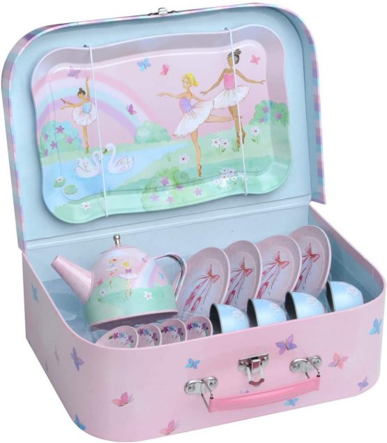 Jewelkeeper 15 Piece Girls Pretend Toy Tin Tea Set & Carrying Case - Ballerina Design