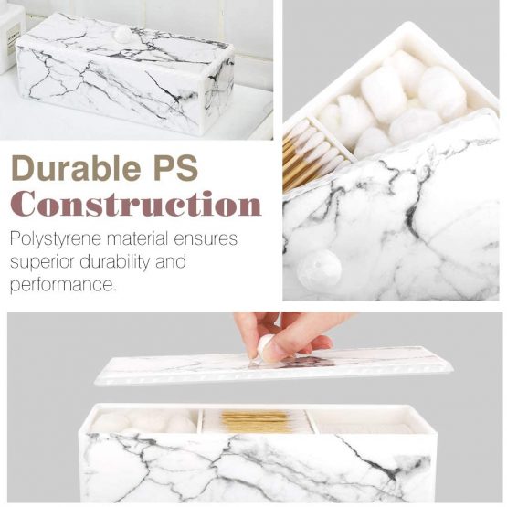 Luxspire Cotton Swab Holder with Lid, Marble Pattern Cotton Ball Holder Dispenser, Barthroom Canister Storage Jar for Cotton Pads Bud Q-tip, Vanity Cosmetics Countertop Organizer with 3 Compartments - Image 4