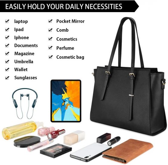 NEWHEY Laptop Bags for Women Large Leather Handbags Ladies Laptop Tote Bag Business Work Shoulder Bag Lightweight 15.6 Inch Black - Image 4