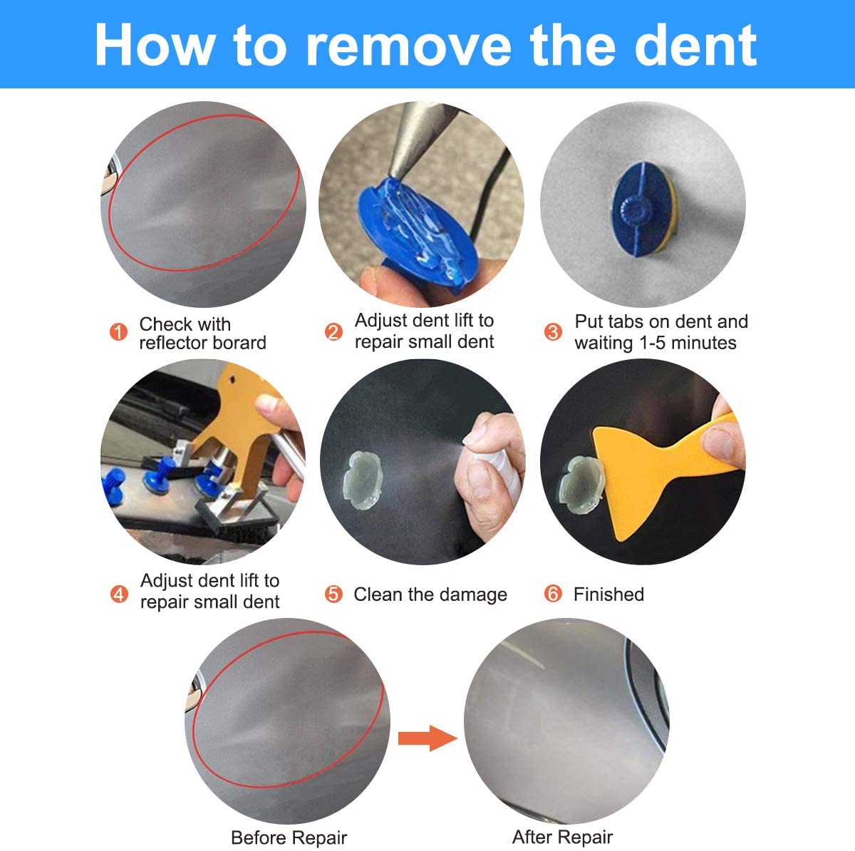 MENQANG Auto Paintless Dent Removal Tools, 42 PCS Car Dent Repair Kit with Glue Gun, Minor Dent and Deep Dent Removal Suction Cup Dent Puller (Gold-Repair pen and hammer) - Image 3