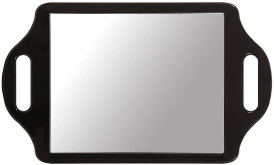 TRIXES Hairdressers Mirror - Salon Handheld Mirror – with 2 Handles Wide Angle –for Hairdressing and Beauty - Large Size 36.5 x 21.7cm – for Professional Barbers and Hairdressers - Black