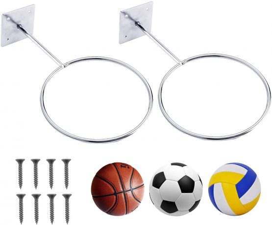 MYCreator Wall-mounted Basketball Rack, Metal Sports Ball Wall Holder Storage Rack Ball Mount Display Stand for Basketballs, Soccer Ball, Football, Volleyball, Exercise Ball – Screws Include
