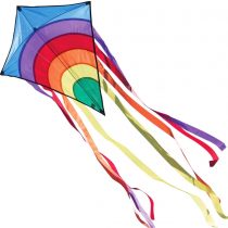 MIC CIM Kite - Rainbow Eddy – single line kite for children from the age of 3 years up - 65x74cm - incl. kite string and 8x105cm striped tails (Blue)