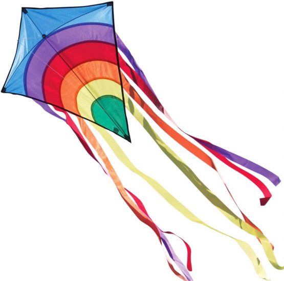 MIC CIM Kite - Rainbow Eddy – single line kite for children from the age of 3 years up - 65x74cm - incl. kite string and 8x105cm striped tails (Blue)