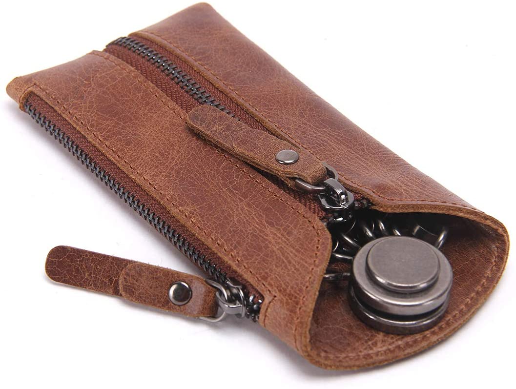 Contacts Key Case Genuine Leather Coin Purse, Brown, 12x7x1cm, Holds Car Key & Coins, Men's Gift