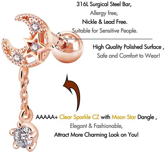 OUFER Cartilage Earrings 16G Stainless Steel Moon with Cubic Zirconia Dangle Tragus Earrings Helix Studs Cartilage Piercing Jewellery - Image 2