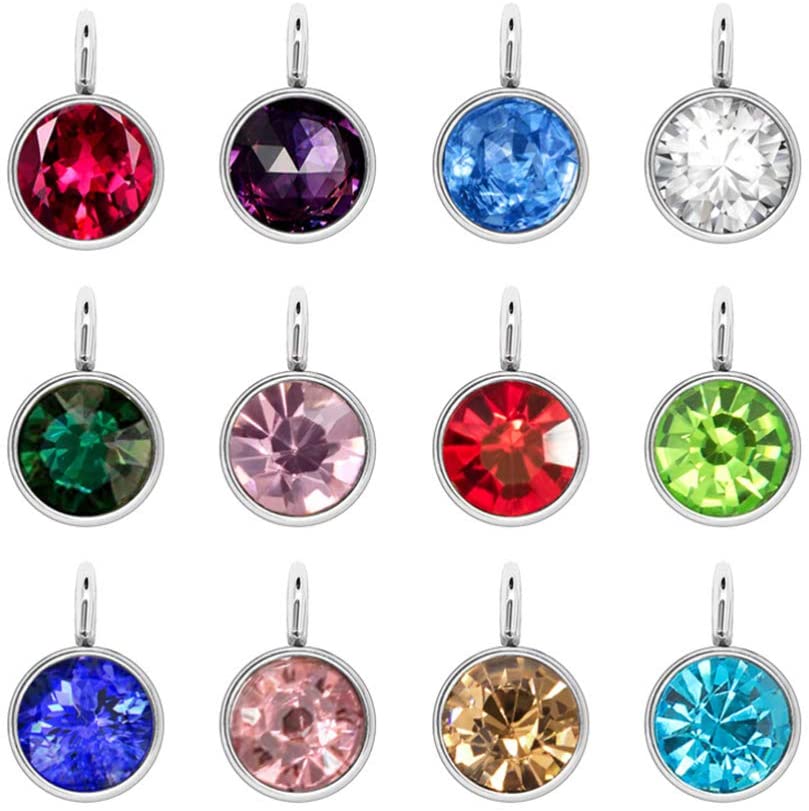 Healifty Birthstone Charms Silver Alloy Round Birthstone Dangle Pendants Beads for DIY Craft Necklace Bracelet Jewelry Making Findings 24pcs (Mixed Colors)