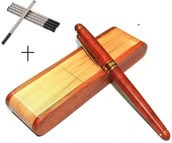 Farsler ECO-Friendly Creative Gel Pen Lead Pen Full Wooden Ballpoint Pen Black 5 Refill Set with Nice Wooden Box Business Gifts New Year Gift (Pen+Refills)