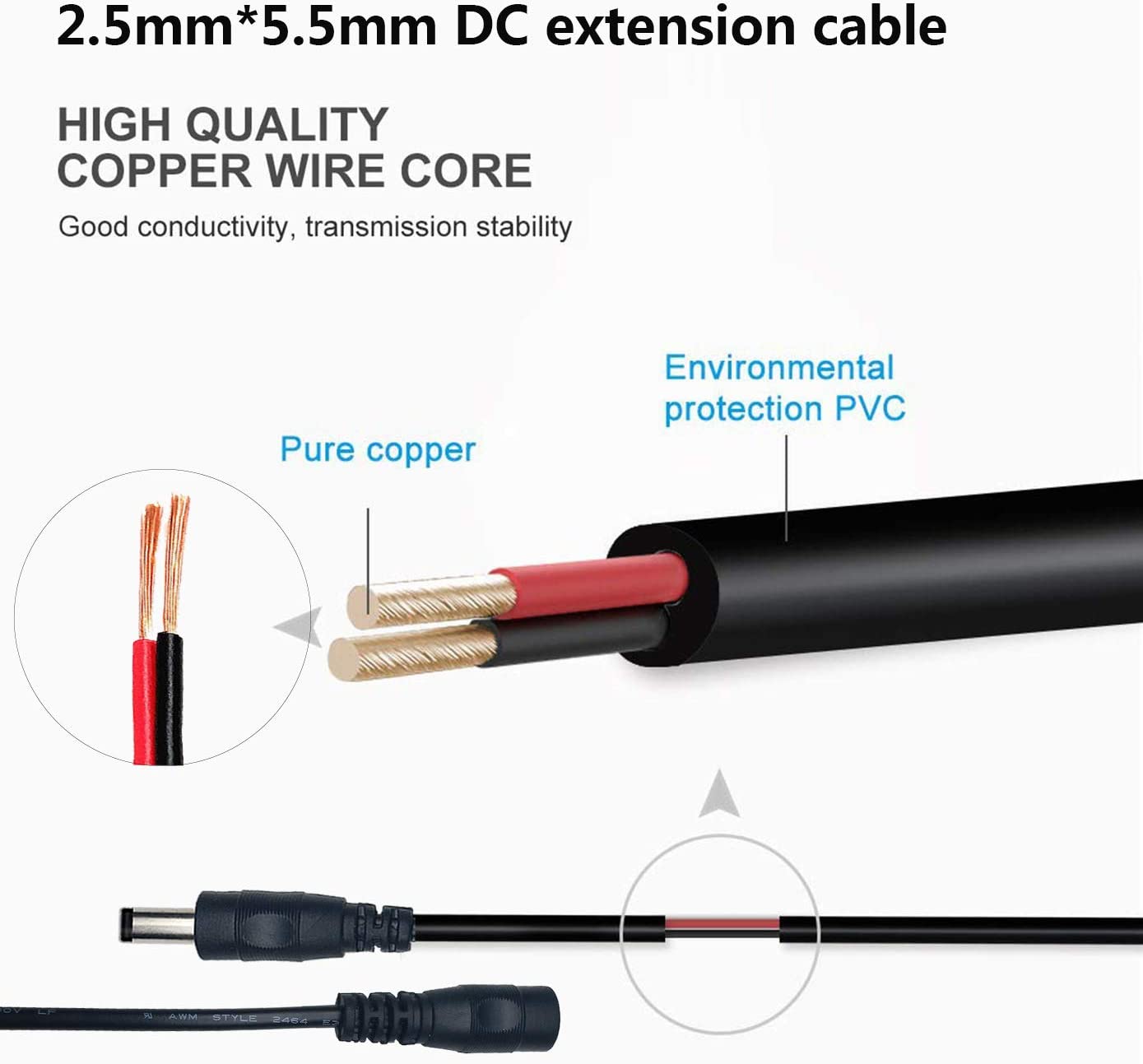 Liwinting DC Power Cord, 5m/16.4ft Male to Female 5.5mm x 2.5mm, Black for CCTV/IP Camera 2pcs - Image 2