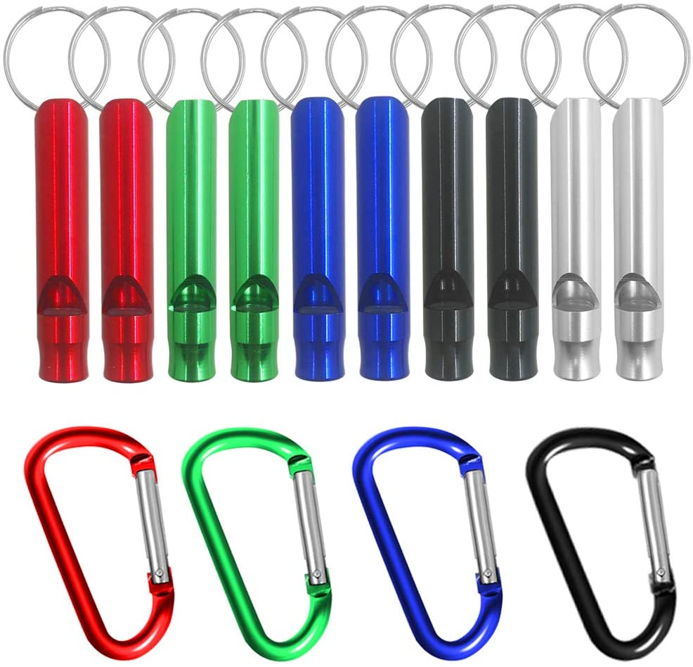 FineGood 10 pcs Aluminum Whistles with 4 Nonlocking Carabiners Hooks Emergency Survival Whistles with Key Ring Chain for Sport Referee Hiking Camping Climbing