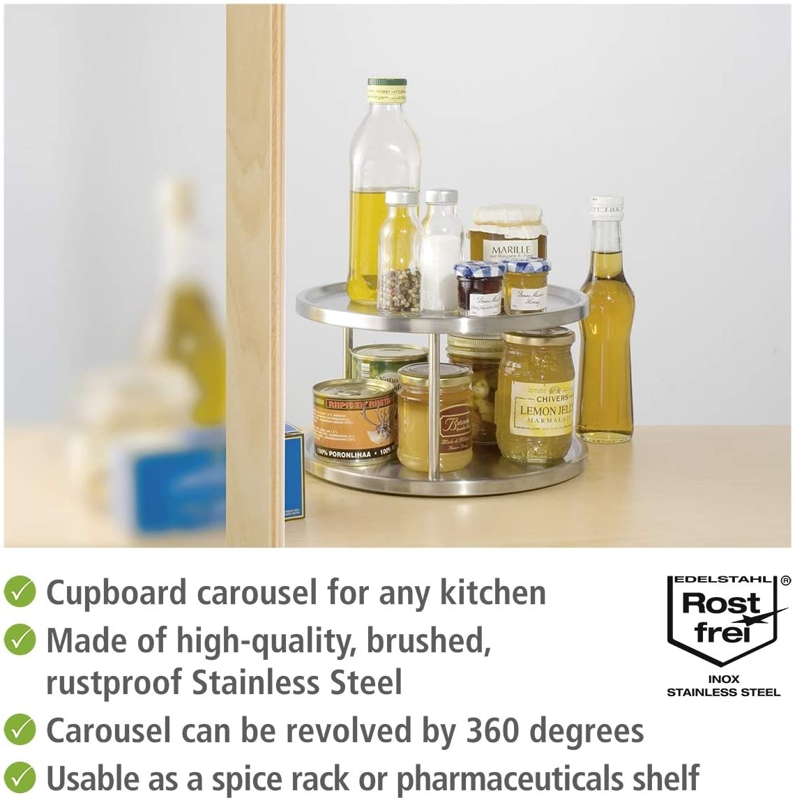 WENKO Cupboard Carousel Duo-2 Rotating Storage Areas, Stainless steel, Silver matt, 26.5 x 26.5 x 15.5 cm - Image 2