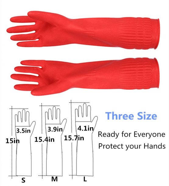 Rubber Cleaning Gloves Kitchen Dishwashing Glove 3-Pairs,Waterproof Reuseable. (Red, Large) - Image 2