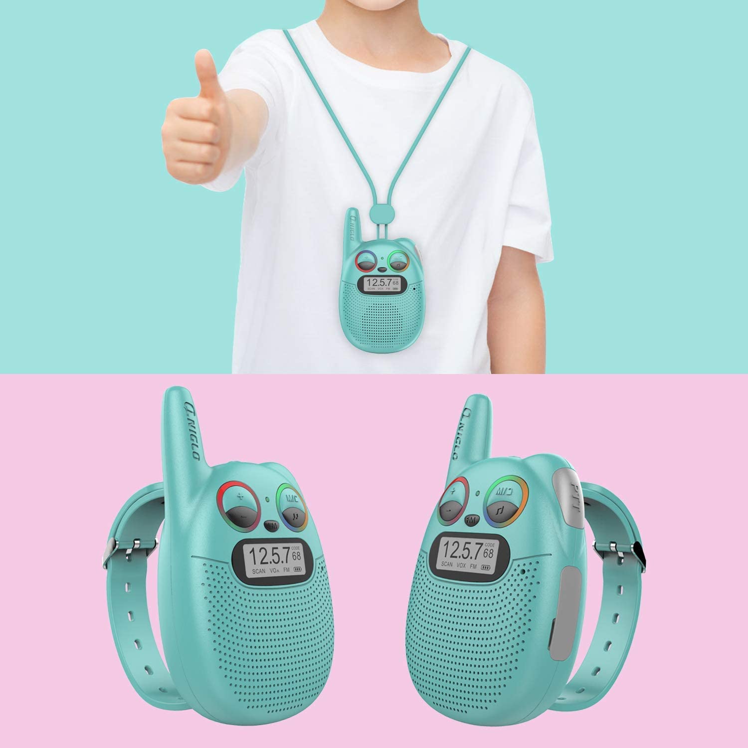 Rechargeable Kids Walkie Talkies with FM Radio, 2 Miles Range, Twinkling LED Eyes - Image 2