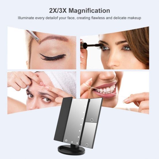 Vanity Makeup Mirror, WEILY 1x/2x/3x Tri-Fold Makeup Mirror with 21 LED Lights and Adjustable Touch Screen Lighted Mirror Dressing Table Countertop Cosmetic Mirrors (Black) - Image 3