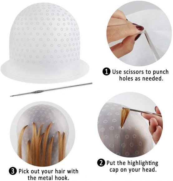 Dadabig 2 Sets Hair Dyeing Highlighting Cap, Silicone Highlighting Cap Professional Reusable Salon Hair Coloring Hat with 2 Metal Hooks and 100 Gloves for Dyeing Hair - Image 3