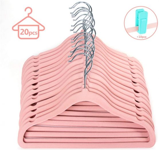 ilauke 20 Pack Kids Velvet Hangers, Children’s Clothes Hangers, Ultra Thin Space Saving Non-Slip 360° Swivel Hook Baby Velvet Hangers with 10 Finger Clips (Pink)