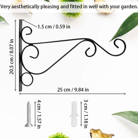 EMAGEREN 4 Pack Wall Hanging Brackets Hooks Metal Wall Hooks Heavy Duty Plant Hooks Retro Outdoor Indoor Garden Hook with Screws for Garden Basket Lantern Lawn Light Flower Pots, 25x20CM (Black) - Image 2