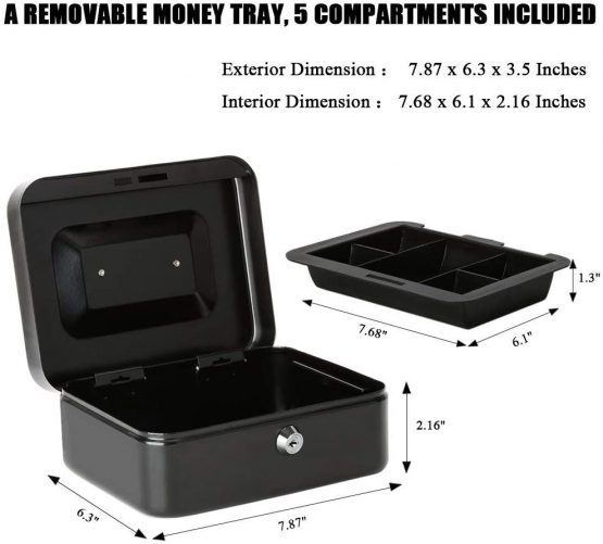 Cash Box with Money Tray, Metal Locking Money Box with Key Lock for Security, 7 4/5" x 6 4/5" x 3 3/5", Black - Image 3