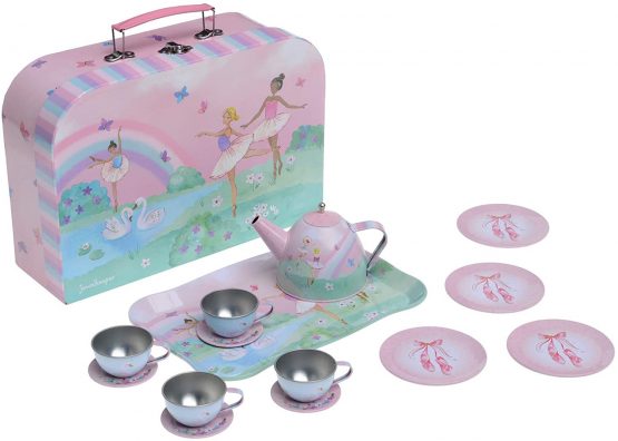 Jewelkeeper 15 Piece Girls Pretend Toy Tin Tea Set & Carrying Case - Ballerina Design - Image 2