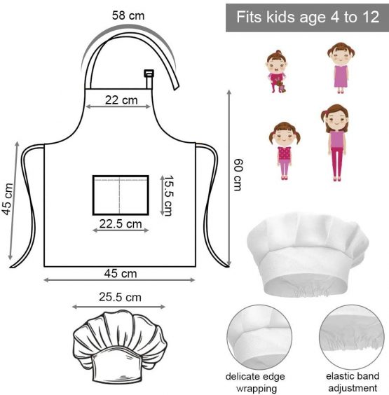 DECARETA Kids Apron and Chef Hat Set,2 Kids Chefs Apron with Pockets and 2 White Kids Chef Hat,Polyester Adjustable Children Chef Apron,Hat Cooking,Baking Painting Wear for Boys and Girls (4-12year) - Image 4