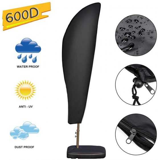 OKPOW Parasol Cover, Heavy Duty Rip Proof 600D Oxford Fabric Cantilever Parasol Covers Waterproof, Windproof, Anti-UV, Large Banana Umbrella Cover with Zip (265x40/70/50cm), Black