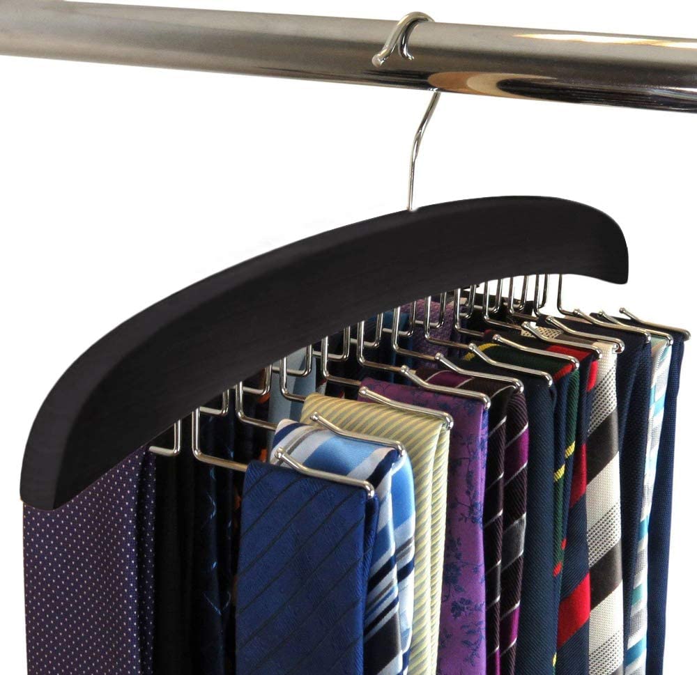 SunTrader Wooden Tie Hanger,24 Tie Organizer Rack Hanger Holder Hook (Black, 24 hooks)