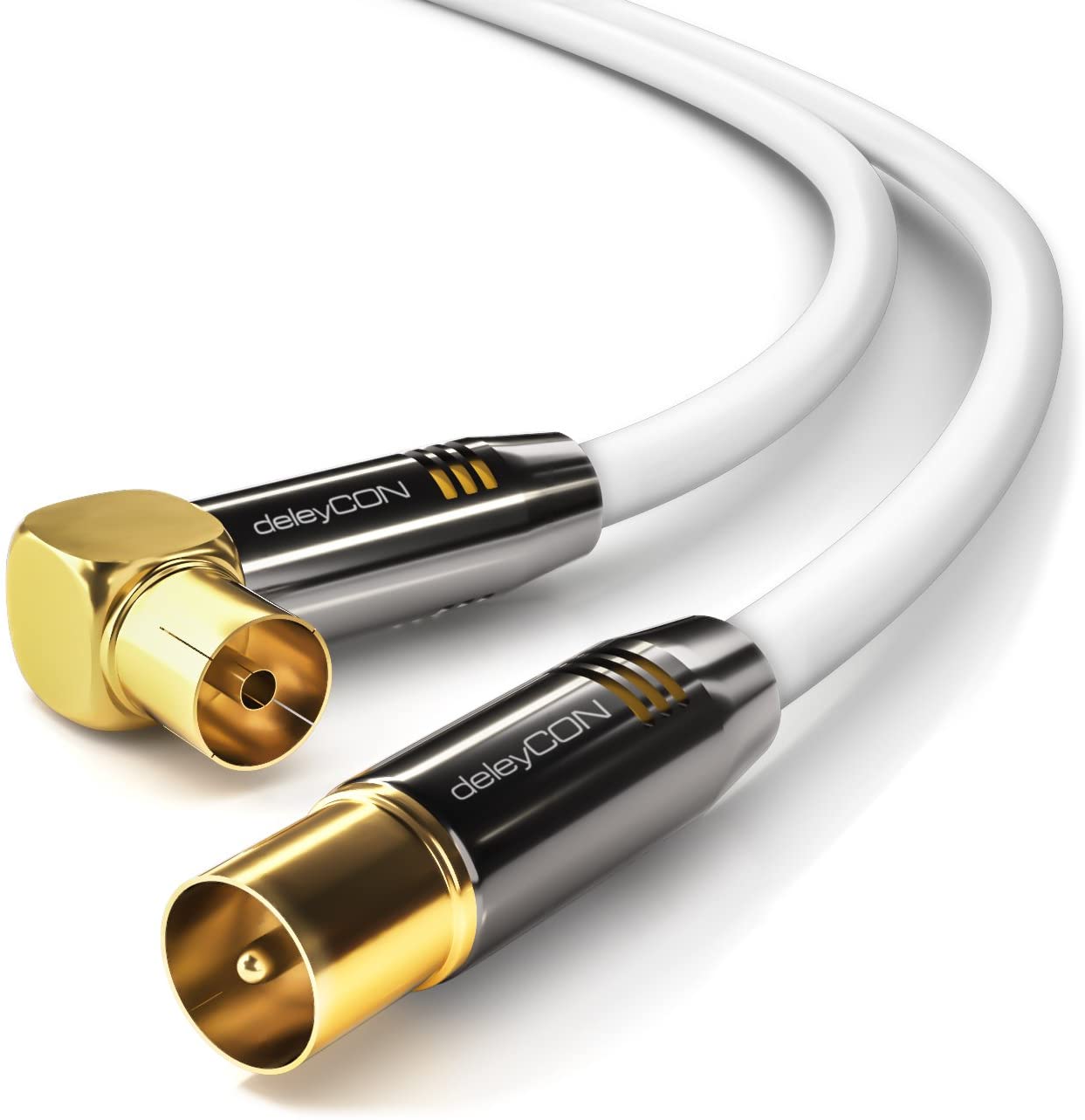 deleyCON 5m (16.40 ft.) TV Antenna Cable Coaxial Cable Gold-Plated Connector 1x Straight 1x 90° Angle Metal Connector UltraHD FullHD HDTV