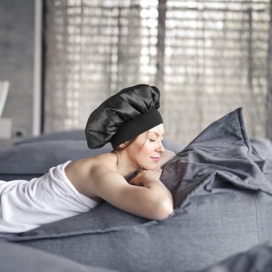 Milisten satin bonnet Sleep Cap Elastic Wide Band Hat Night Sleeping Head Cover for Good Sleeping - black - Image 4