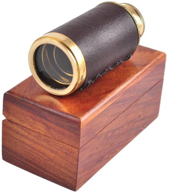 Antique marine brass leather bound pocket telescope 6" with wooden Box