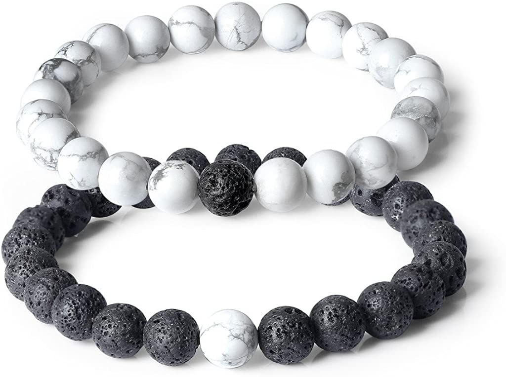 COAI His and Hers Bracelets Lava Howlite Black and White Stone Beaded Yin Yang Bracelets for Couples, Lava & Howlite, 7 inch