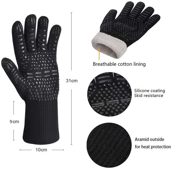 Hoxida BBQ Gloves Extreme Heat Resistant High up to 800 ℃/1472 ℉, Grill Gloves Oven Gloves Cooking Gloves Heat Resistant with EN407 Certified, Black - Image 2