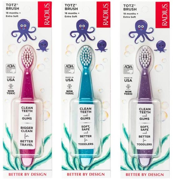 RADIUS Toothbrush Totz Brush Extra Soft Assorted Colors 3 Count | BPA Free and ADA Accepted | Designed for Delicate Teeth and Gums, for Children 18 Months and Up